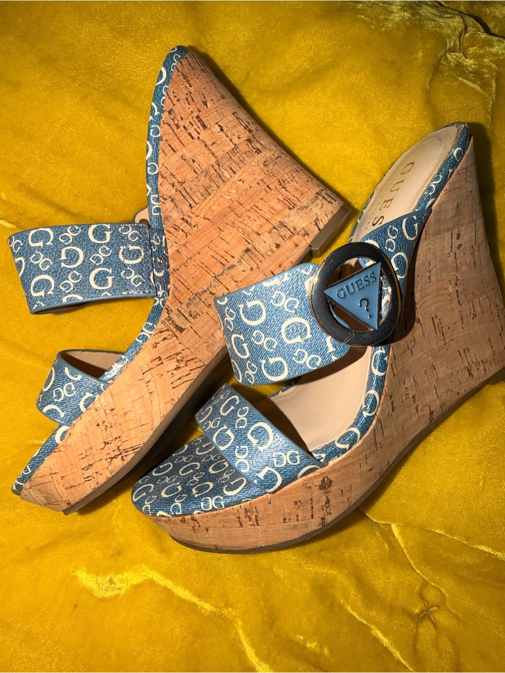 GUESS Blue Logo Cork Wedge Sandals